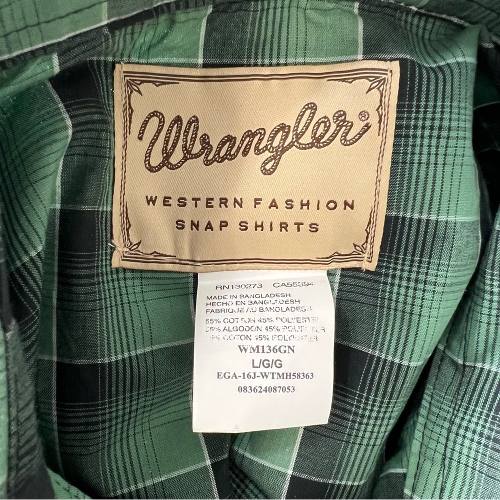 Wrangler Mens Green Plaid Front Pockets Brushpopper Pearl Snap Shirt Sz L - Picture 6 of 6